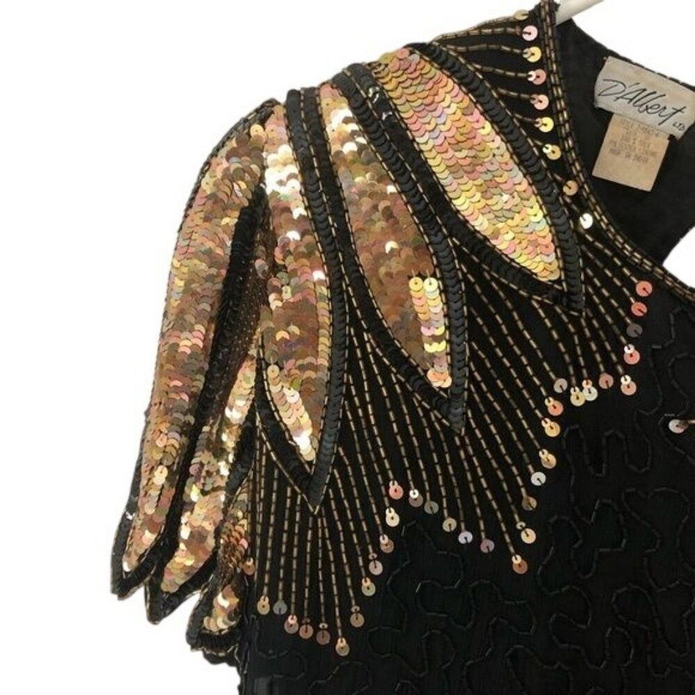 Vintage 90s D'Albert Silk Beaded Sequin Dress 10 M Cocktail Party LBD Mob Wife - Picture 10 of 14